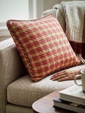Red Plaid Quilted Accent Seat Cushion with Multicolor Rope Trim